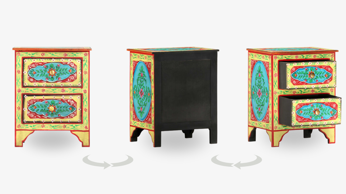 Hand-Painted Wooden Bedside Cabinet - Vibrant Floral Design