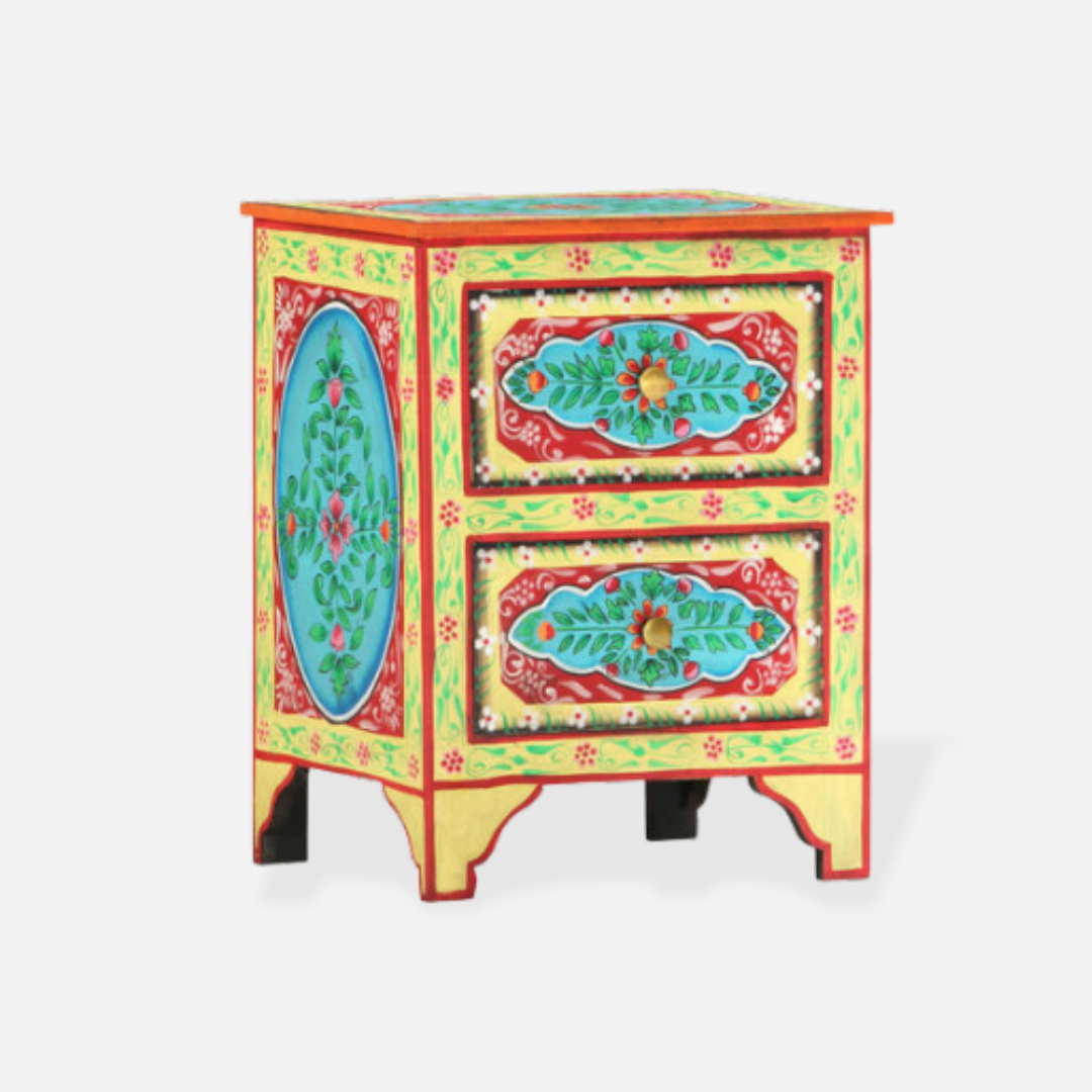 Hand-Painted Wooden Bedside Cabinet - Vibrant Floral Design