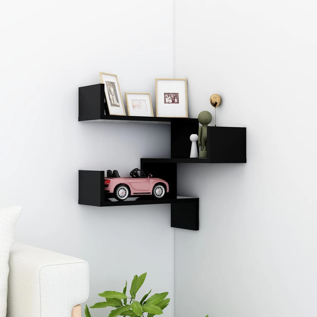 Black Engineered Wood Corner Wall Shelf from HomeInspiro